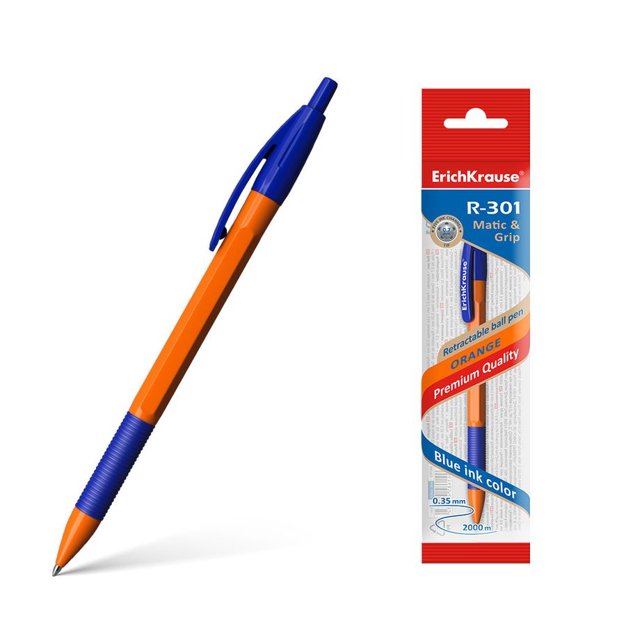 Ручка шариковая автоматическая синяя 0,7мм R-301 Orange Matic&Grip ERICH KRAUSE 46763