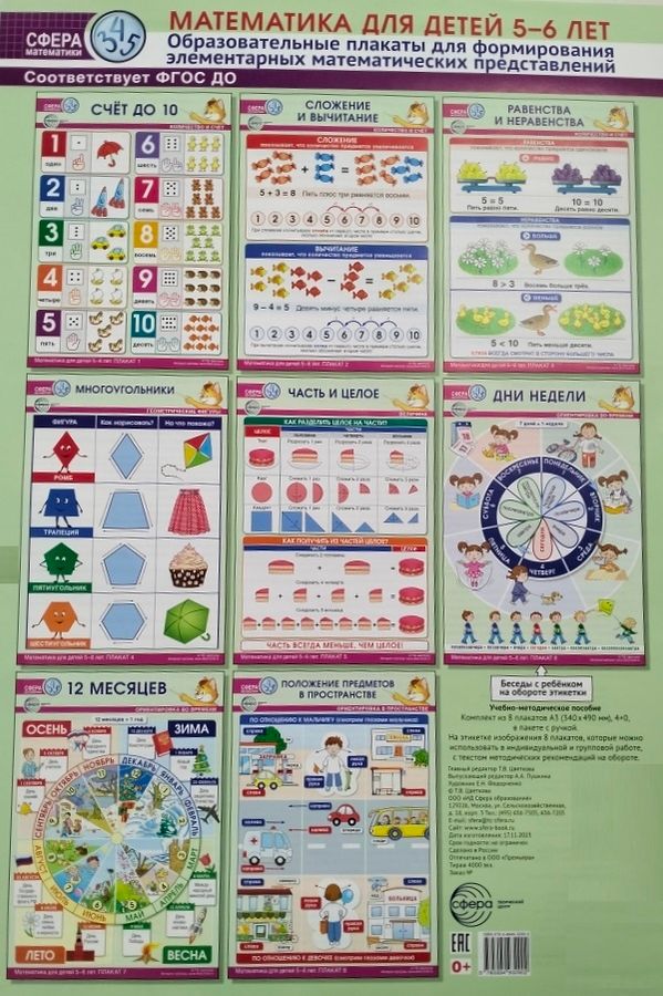 Набор плакатов А3 Математика для детей 5-6 лет Для форм.элемент.матем.представлений /8шт 00-00018711  | Автор не указан