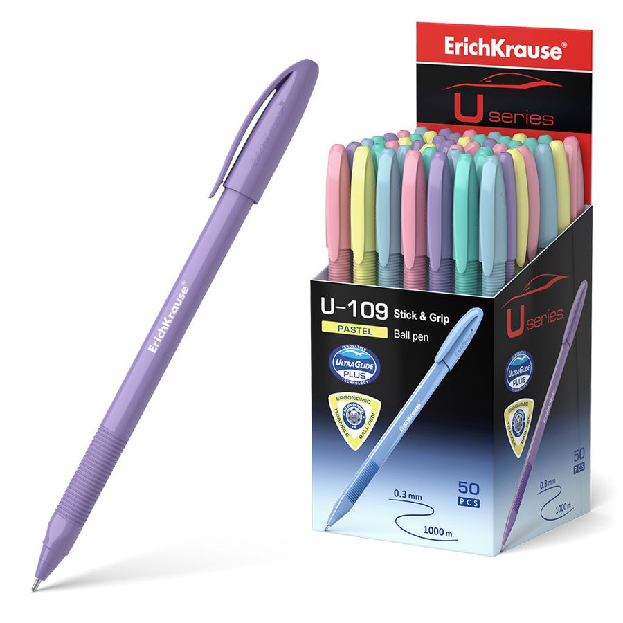 Ручка шариковая синяя 1,0мм U-109 Pastel Stick&Grip трехгранная ERICH KRAUSE 58111