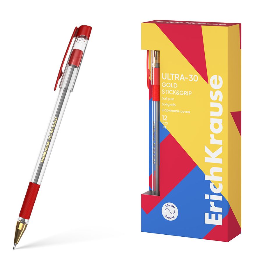 Ручка шариковая 0,7мм красная ULTRA-30 Gold Stick&Grip Classic ERICH KRAUSE 61112