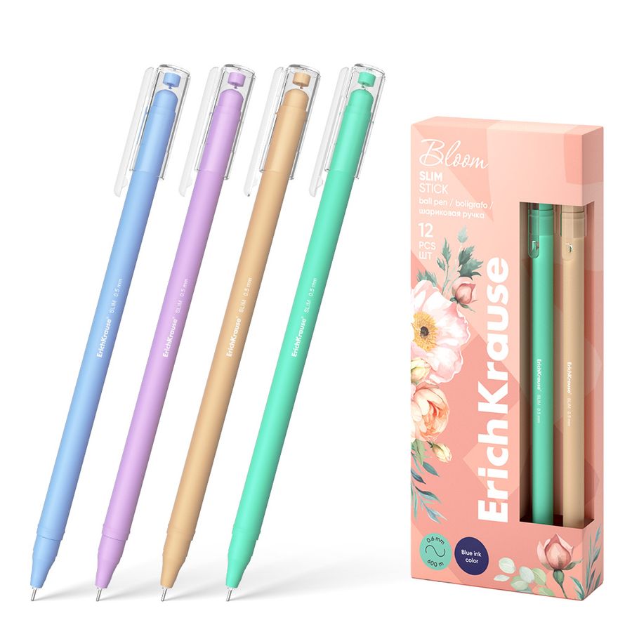 Ручка шариковая 0,7мм синяя Slim Stick Pastel Bloom ERICH KRAUSE 61047