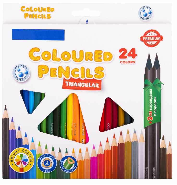 Карандаши цветные 24цв Premium трехгранные +2 чернограф. карандаша BRAUBERG 181937