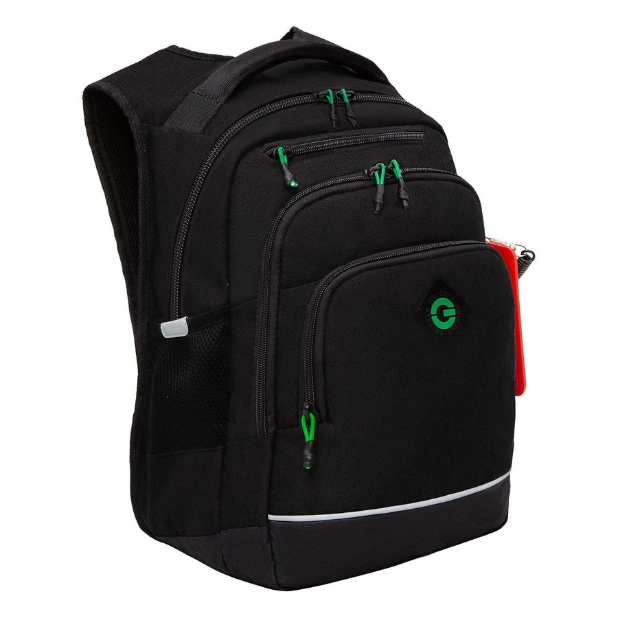 Рюкзак школьный 2отд. Черный-зеленый 40х25х22см GRIZZLY