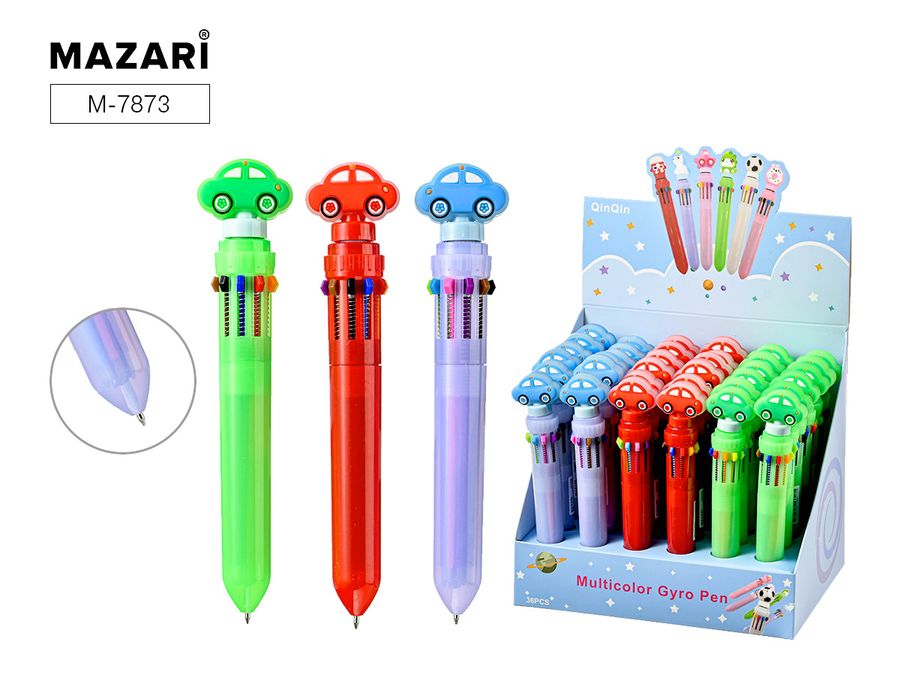 Ручка шариковая автоматическая многоцвет. 0,7мм 10цв Машинка крутящ.насадка ассорти MAZARI M-7873